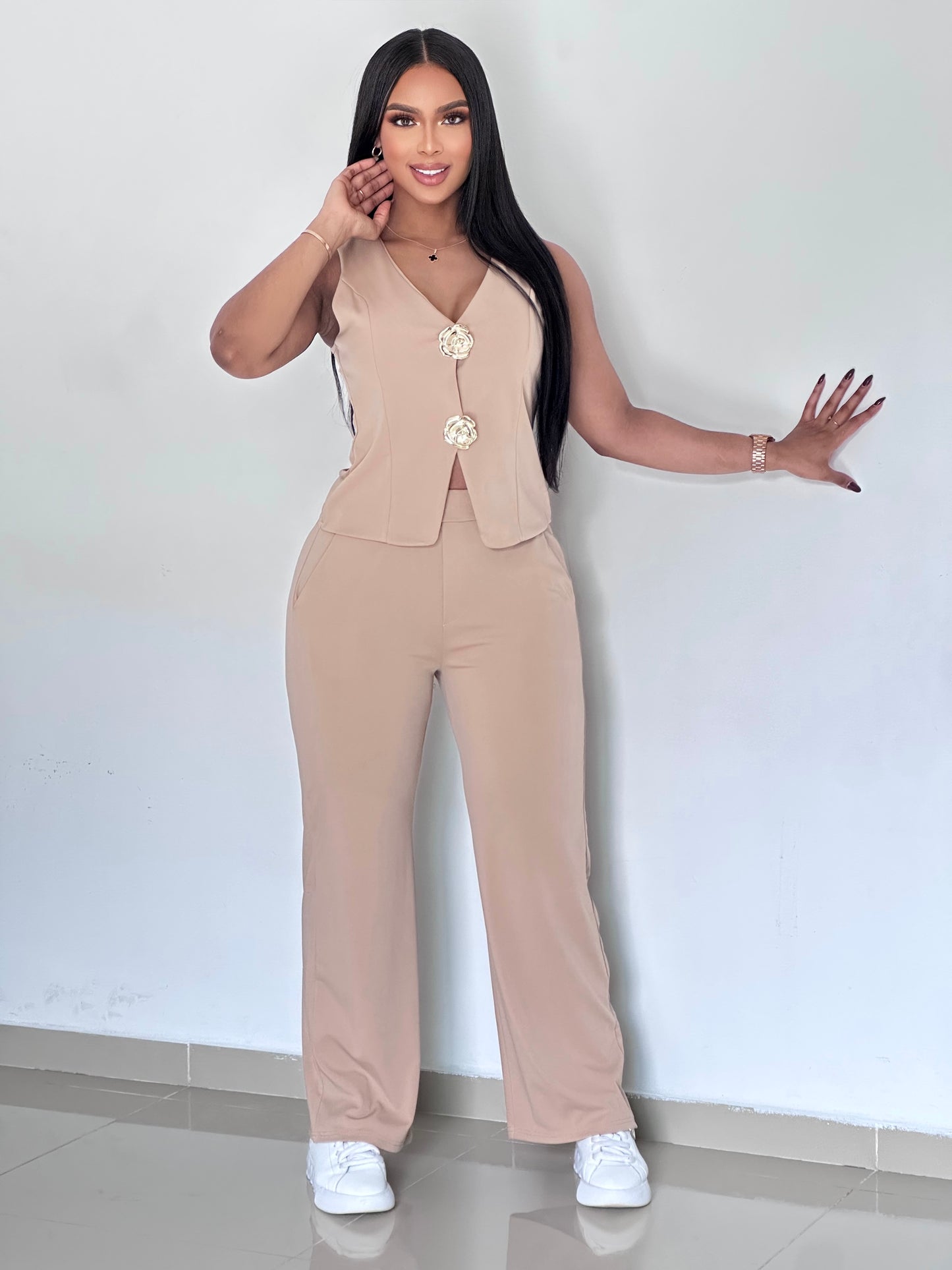 CONJUNTO LARGO ENERGICA STRESS BROCHE FLOR EN LA BLUSA - 35864