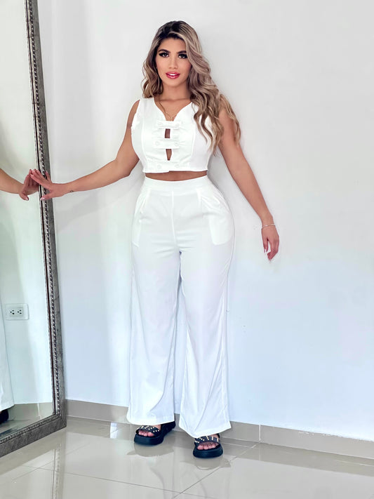 CONJUNTO LARGO EN POPELINA BLUSA TIPO CHALECO CON BOTONES - 90789