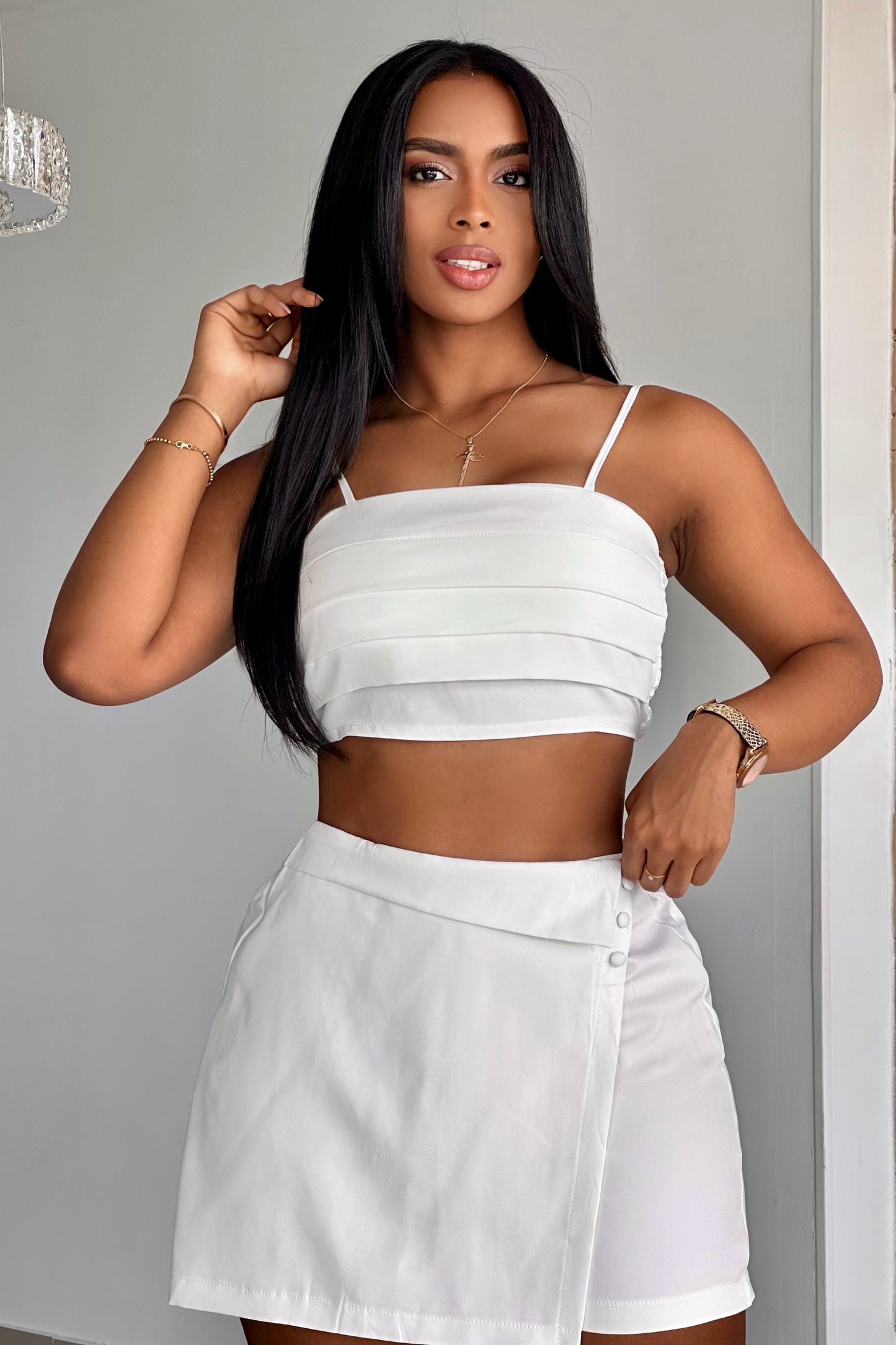 CONJUNTO CORTO EN CHALIS FALDA SHORT BLUSA EN PLIEGUES - 13519