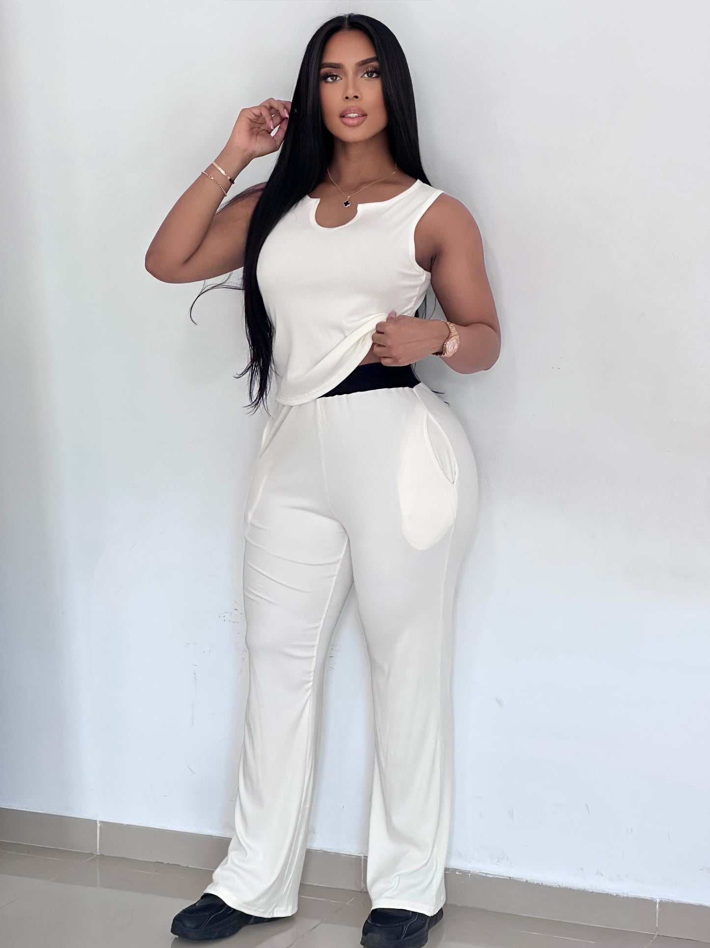 CONJUNTO LARGO DE RIB PRETINA BLANCA BLUSA SIZA - TZ4006