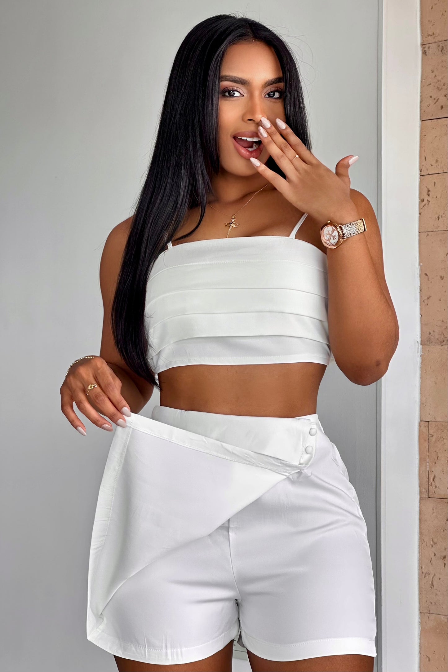 CONJUNTO CORTO EN CHALIS FALDA SHORT BLUSA EN PLIEGUES - 13519