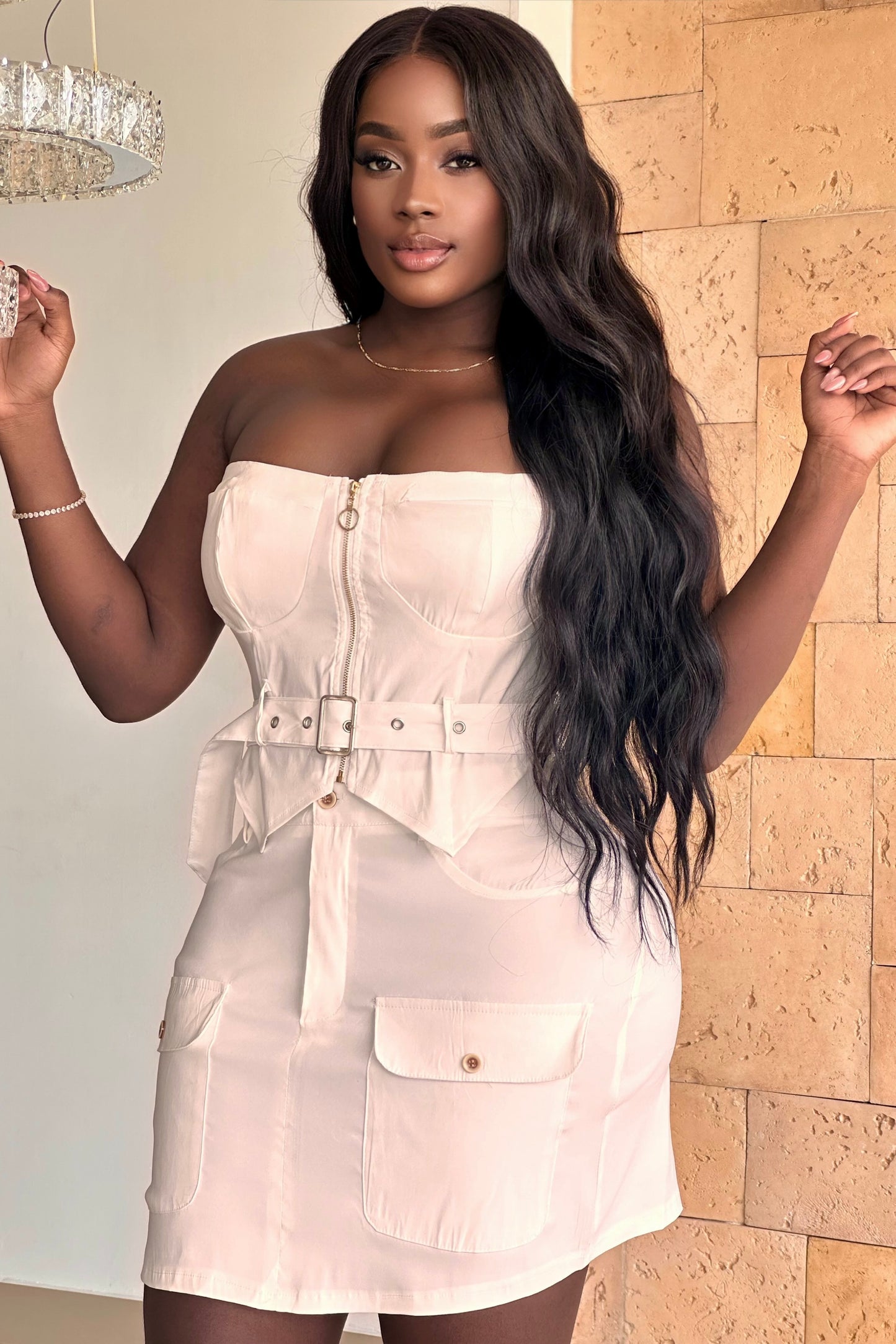 CONJUNTO FALDA Y BLUSA STRAPLE CON CINTURON - 13401