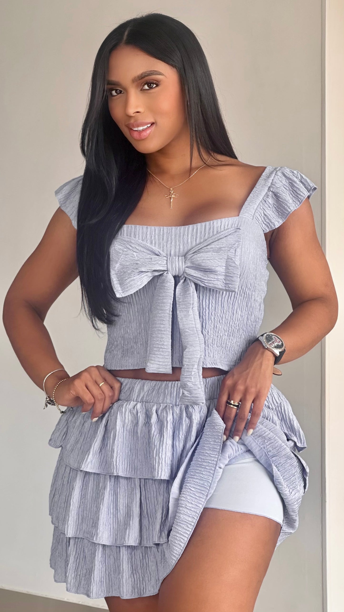 CONJUNTO ACANALADO EN FALDA CON MOÑO - 36555