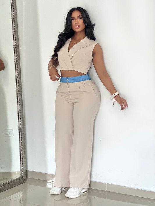 CONJUNTO LARGO PANTALÓN PRETINA AZUL BLUSA TIPO CHALECO - 01607