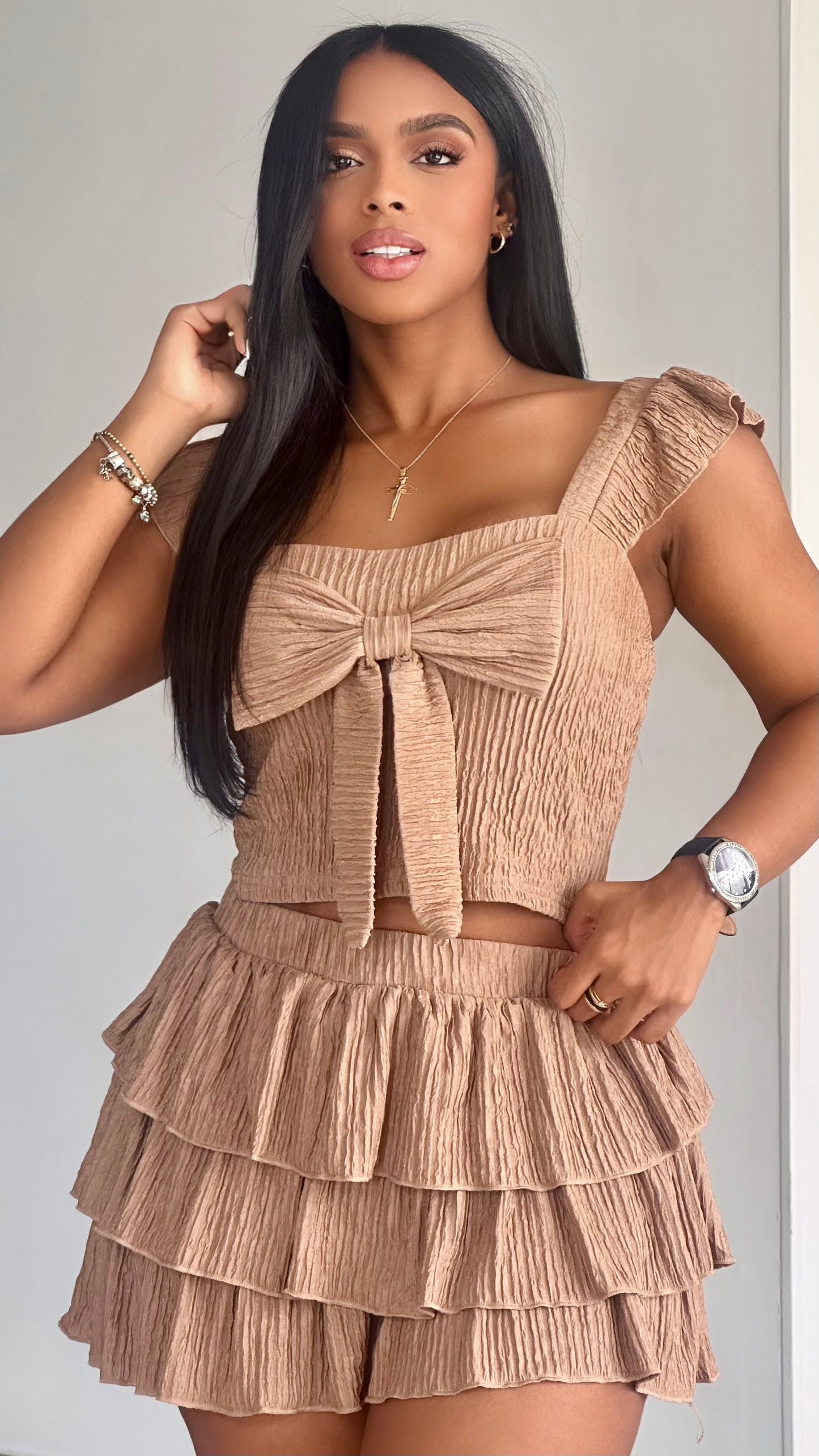 CONJUNTO ACANALADO EN FALDA CON MOÑO - 36555