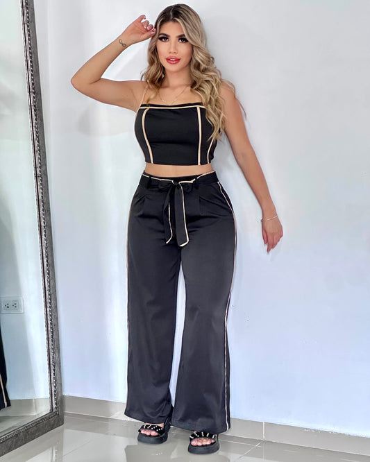 CONJUNTO LARGO EN CHALIS BLUSA TIRAS PARTE TRASERA ENRESORTADA - 08099