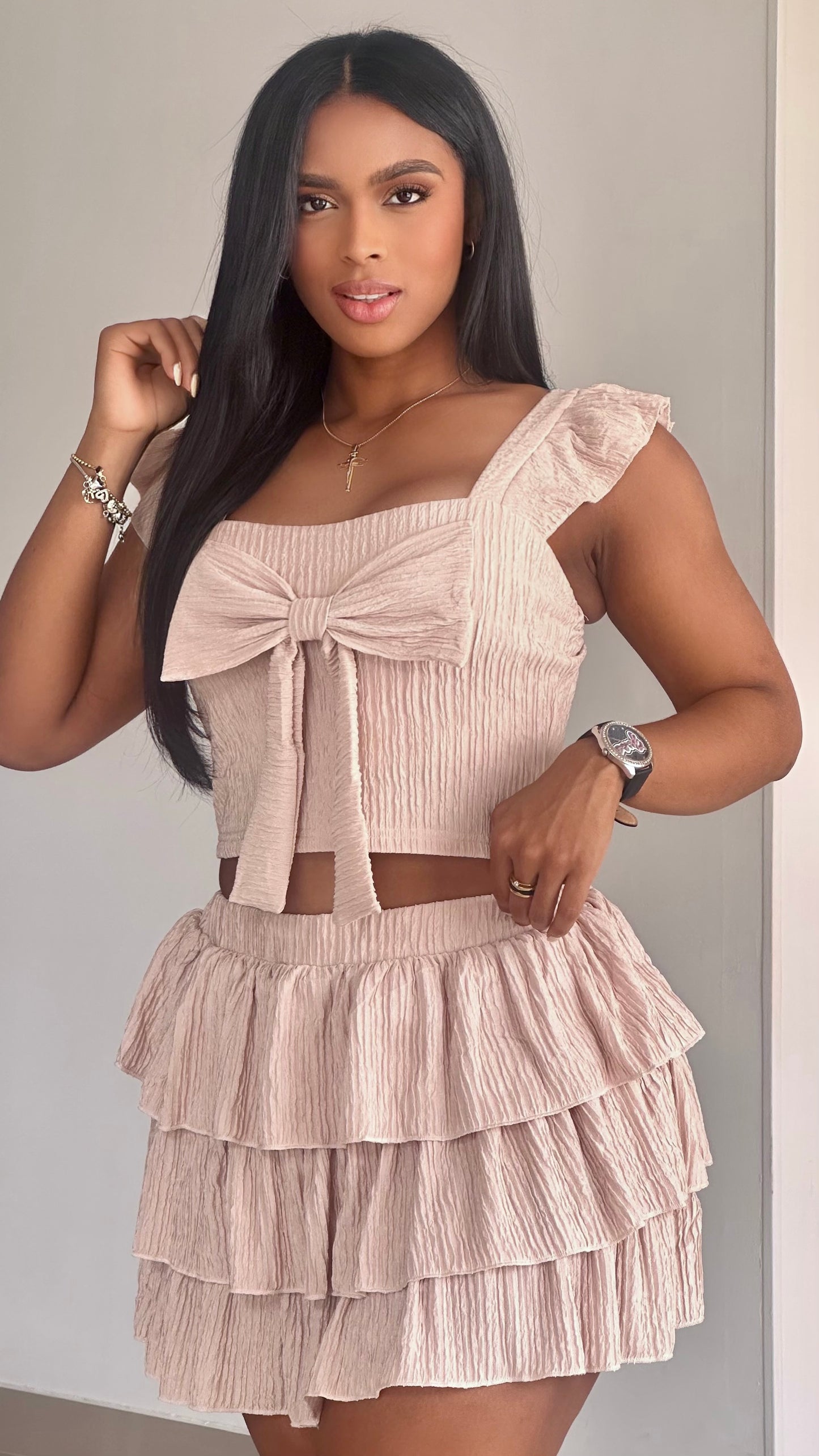 CONJUNTO ACANALADO EN FALDA CON MOÑO - 36555