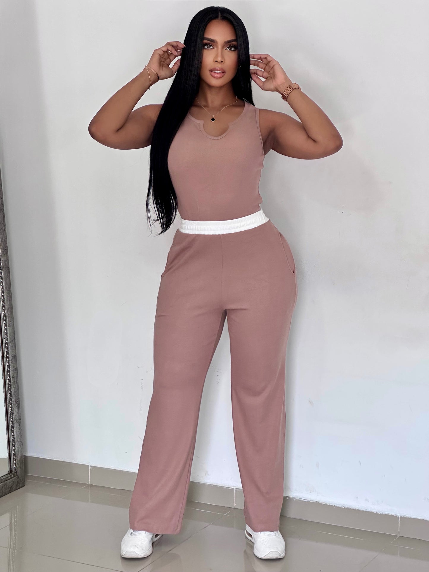 CONJUNTO LARGO DE RIB PRETINA BLANCA BLUSA SIZA - TZ4006