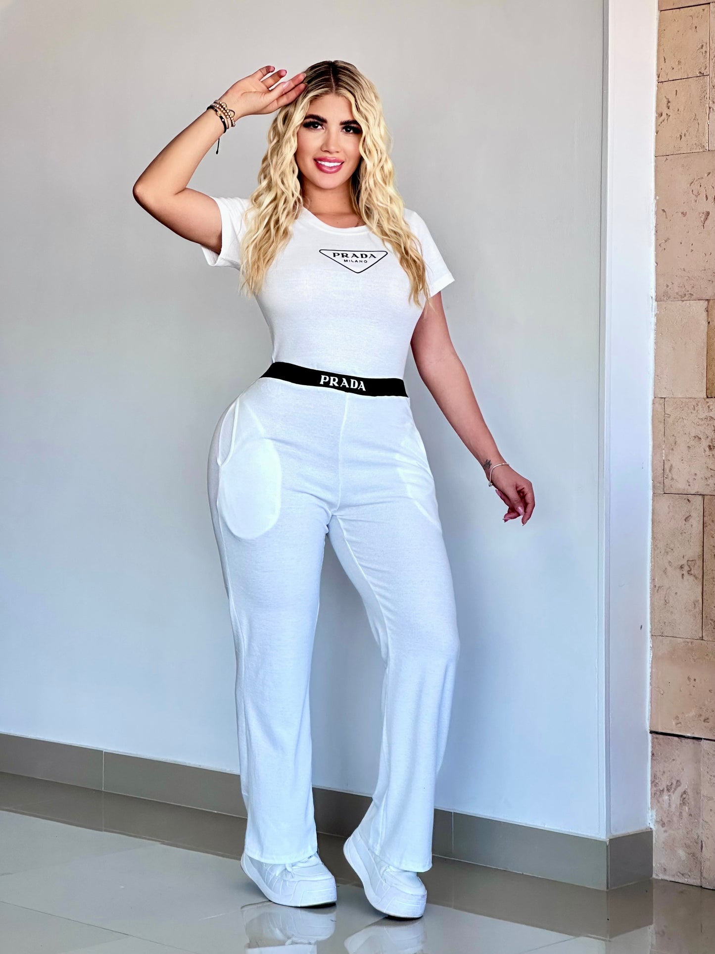 CONJUNTO PRADA PRETINA BLANCA BLUSA MANGA TELA RIB - 40363