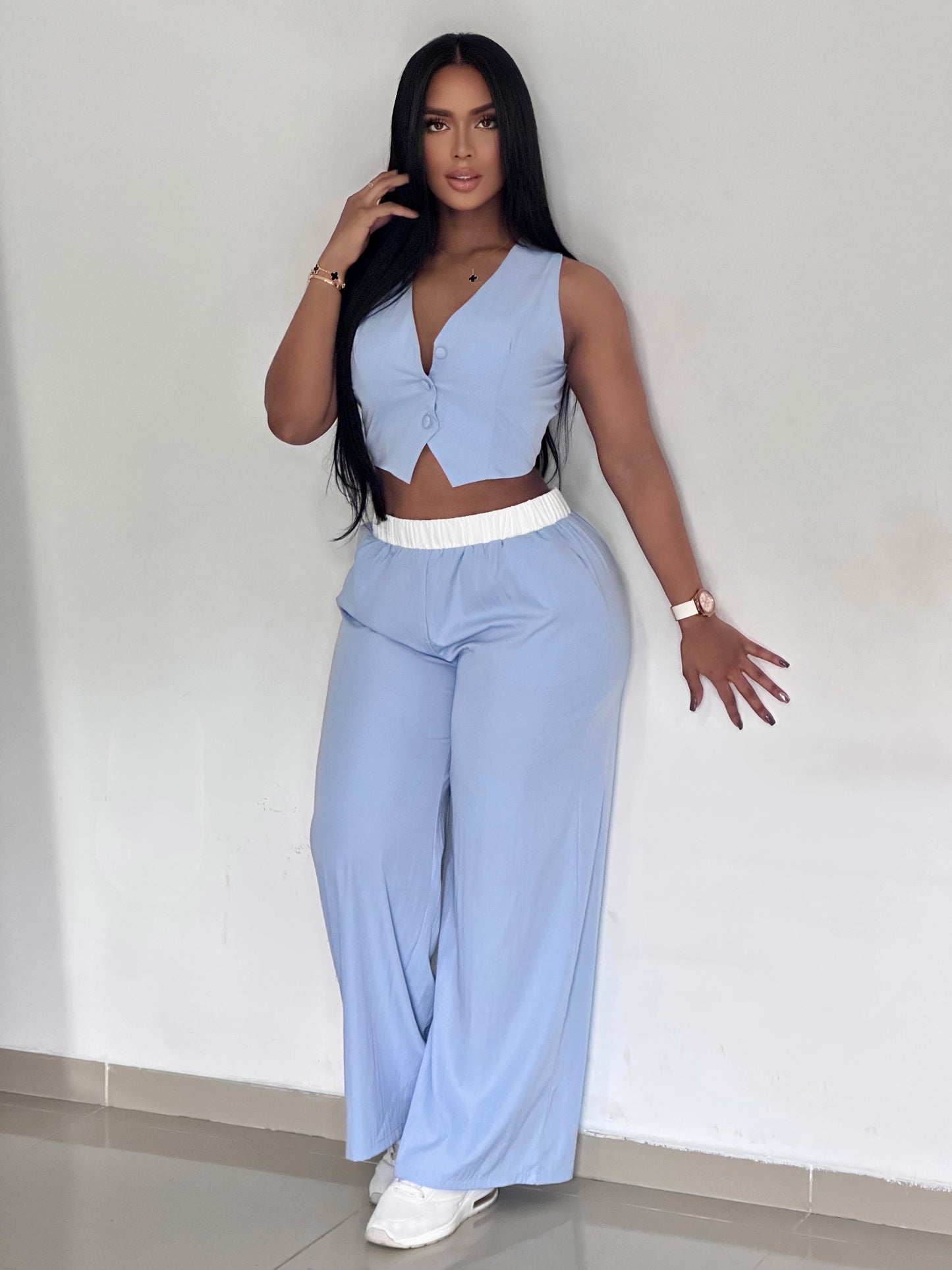 CONJUNTO EN ANTIFLUIDO PANTALON ANCHO CHALECO - 99891