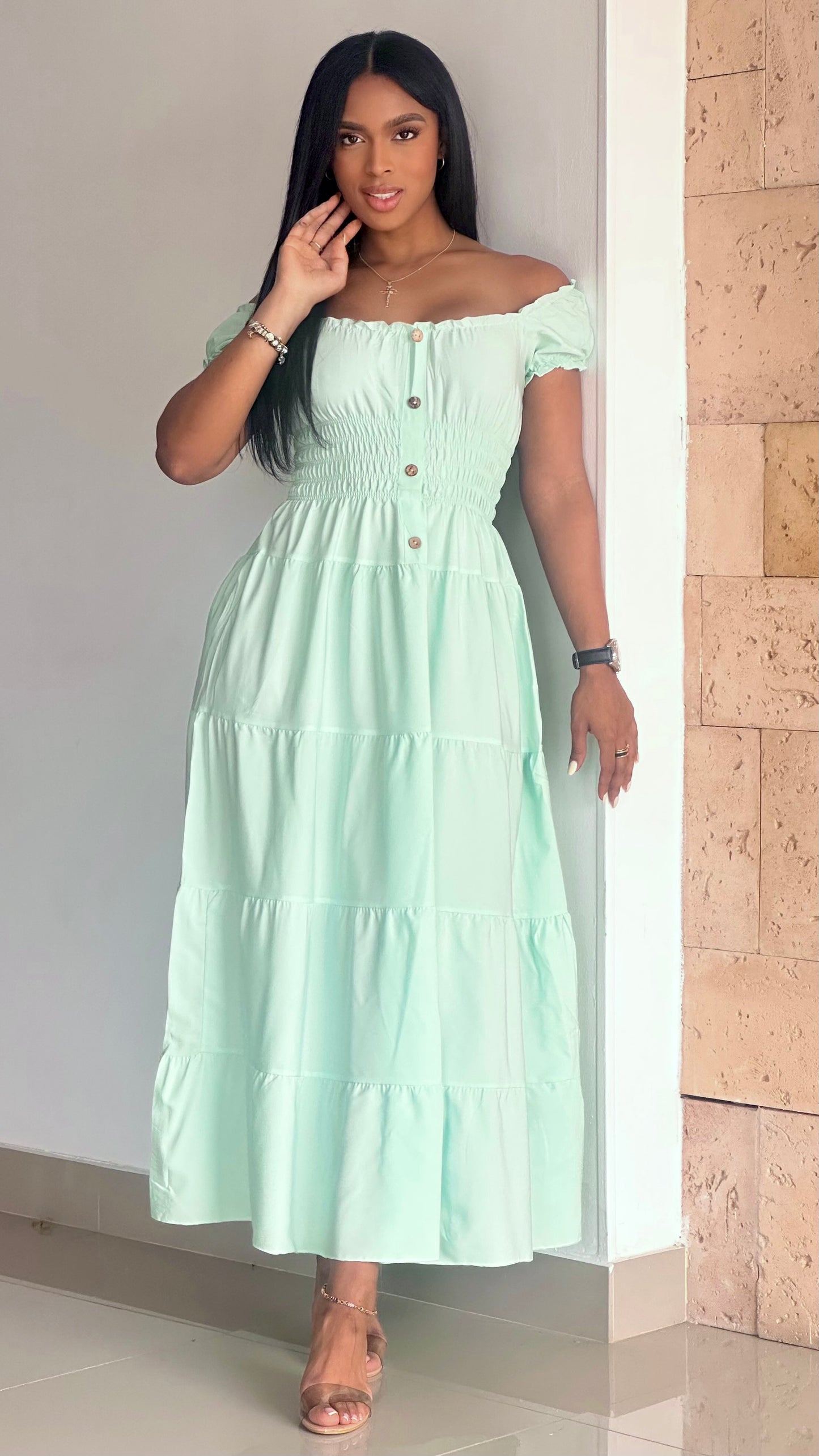 VESTIDO CHALIS TIPO CAMPESINO ENRESORTADO CON BOTONES DE LUJO - 37003