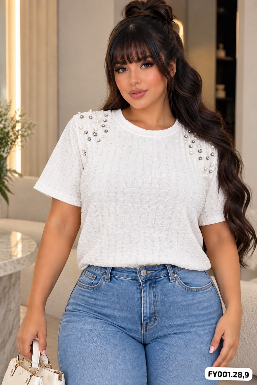 BLUSA CON PEDRERIA EN TELA DRAPEADO STRETCH - FY001