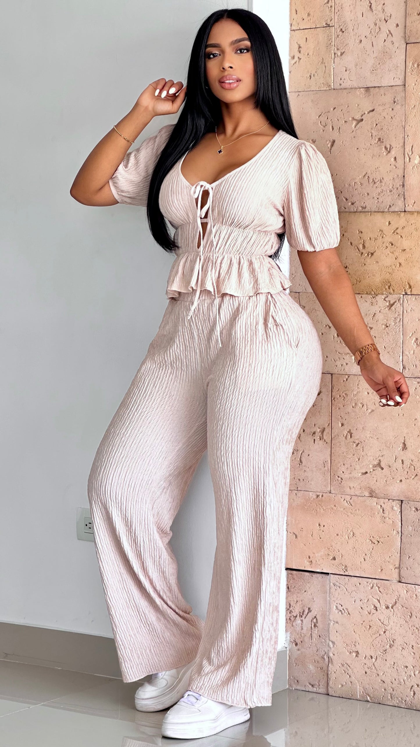 CONJUNTO BLUSA AMARRE MANGA ACANALADA STRETCH - 36531