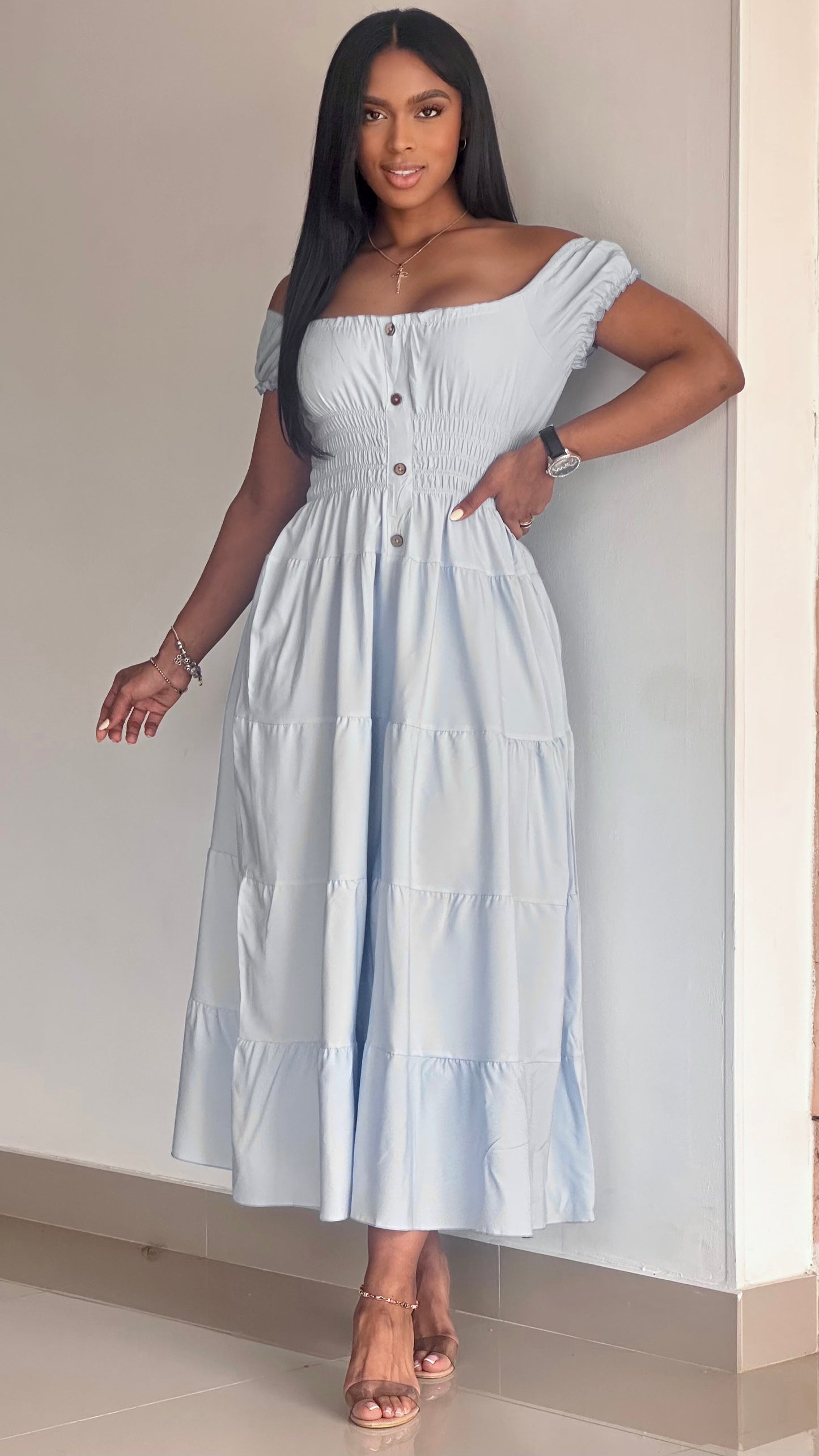 VESTIDO CHALIS TIPO CAMPESINO ENRESORTADO CON BOTONES DE LUJO - 37003