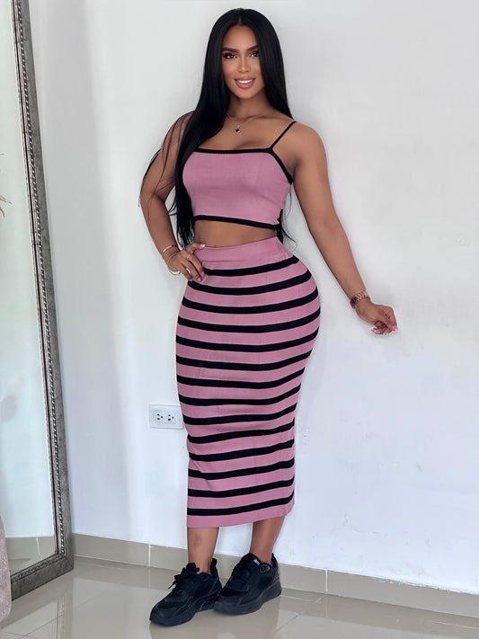 CONJUNTO DE HILO FALDA LARGO RAYADA BLUSA CORTA DE TIRA - MZ5408