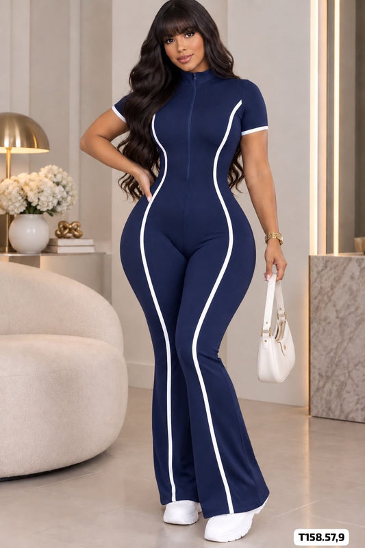ENTERIZO LARGO BOTA ANCHA LINEAS BLANCAS TELA STRETCH - T159