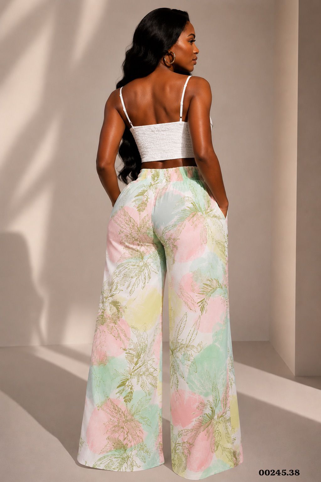 CONJUNTO PANTALON FLORES BLUSA UNICOLOR - 00245