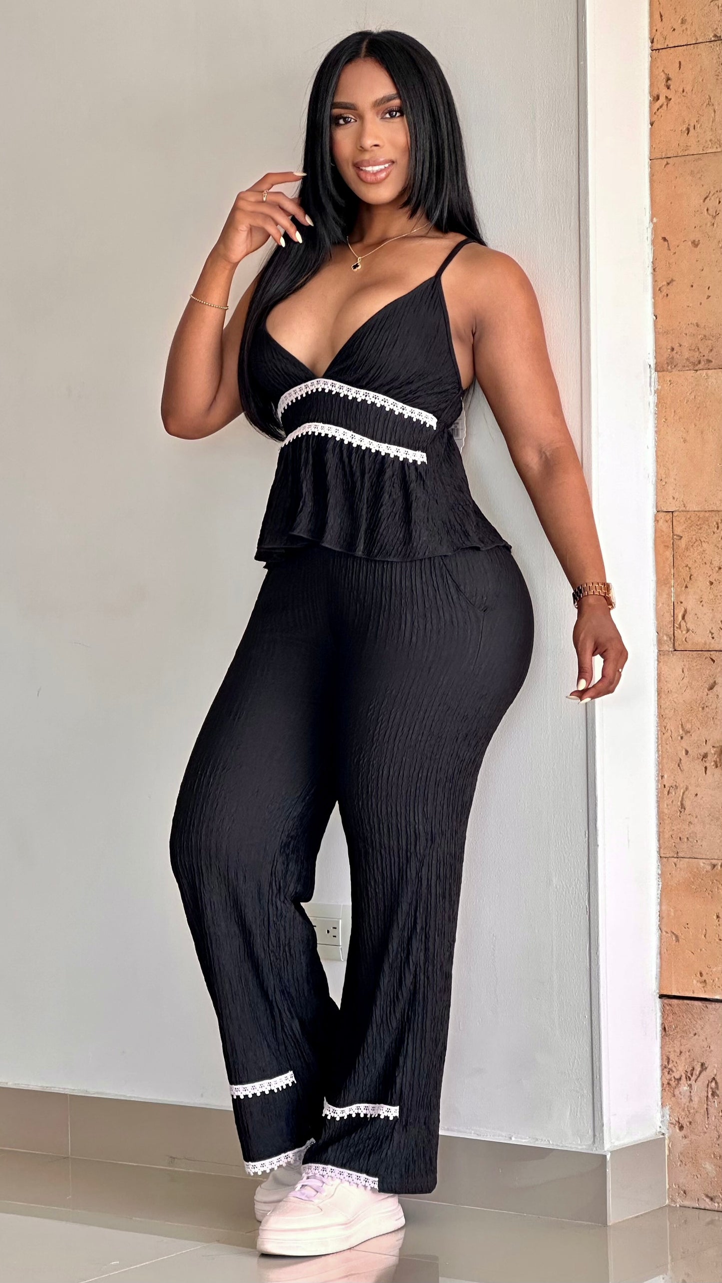 CONJUNTO BLUSA TIRAS GUIPIUR ACANALADA STRETCH - 37027