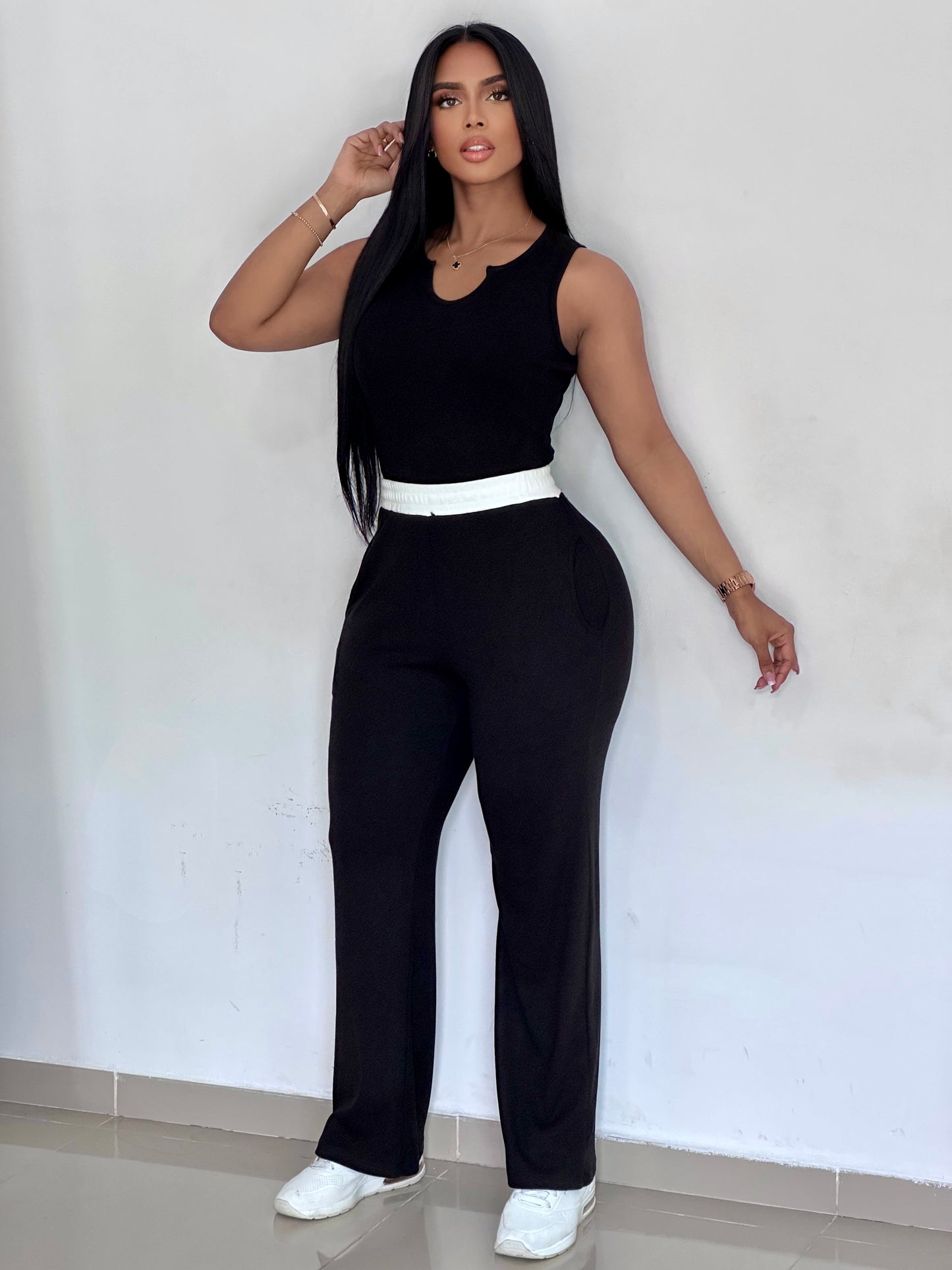 CONJUNTO LARGO DE RIB PRETINA BLANCA BLUSA SIZA - TZ4006