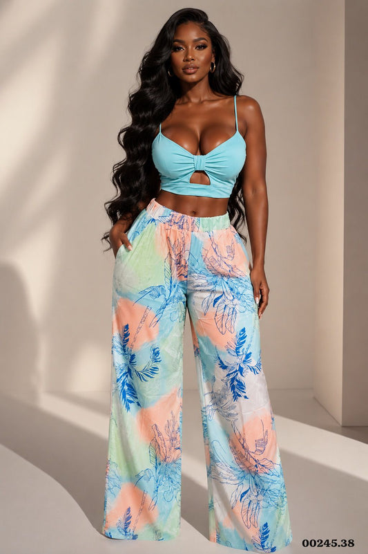 CONJUNTO PANTALON FLORES BLUSA UNICOLOR - 00245