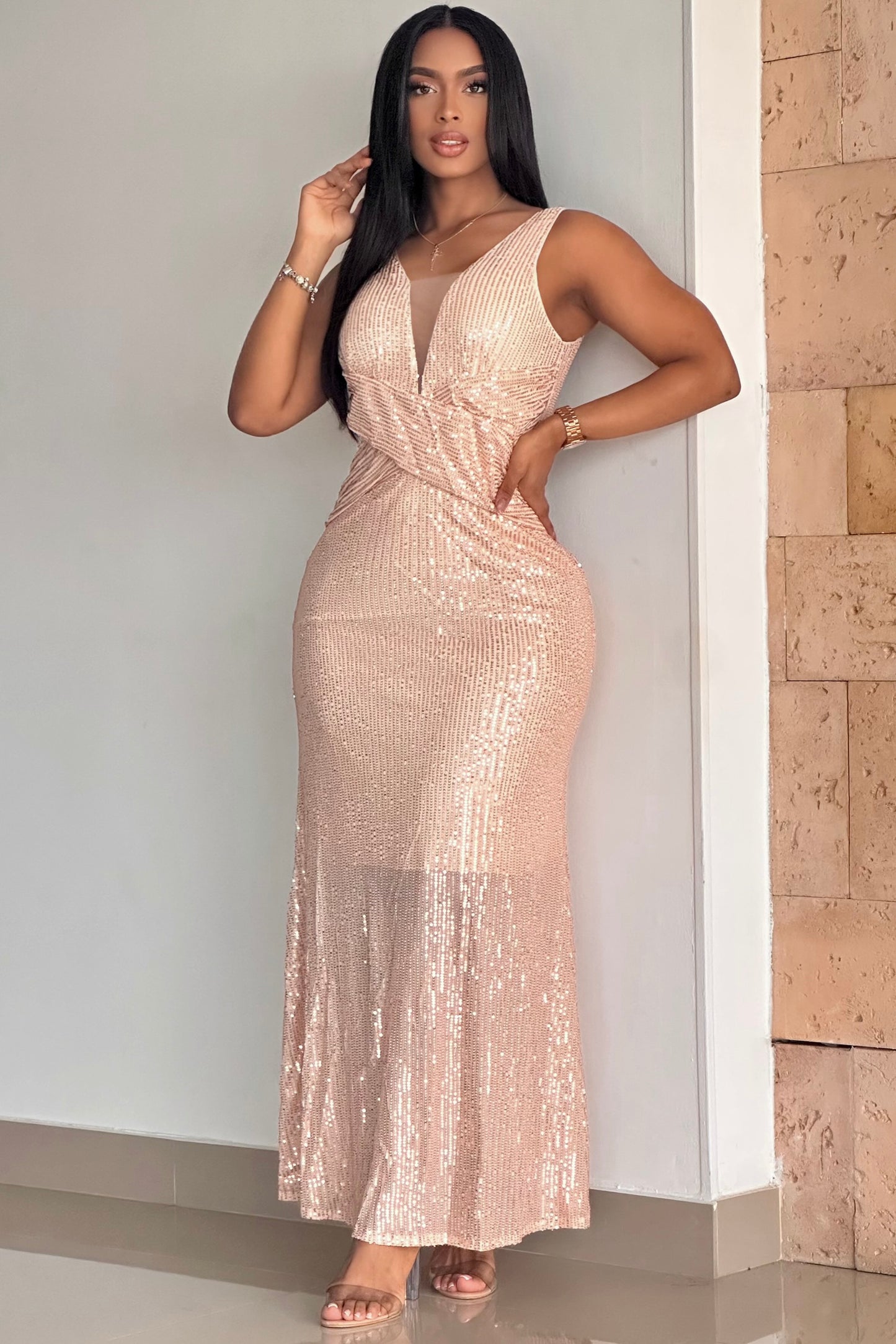 VESTIDO LARGO LENTEJUELA ESCOTE EN V - 23836