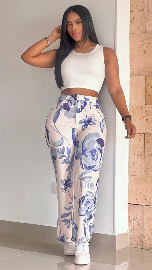 CONJUNTO FLORES BLUSA EN ENERGICA STRECH Y PANTALON EN CHALIS - 40899