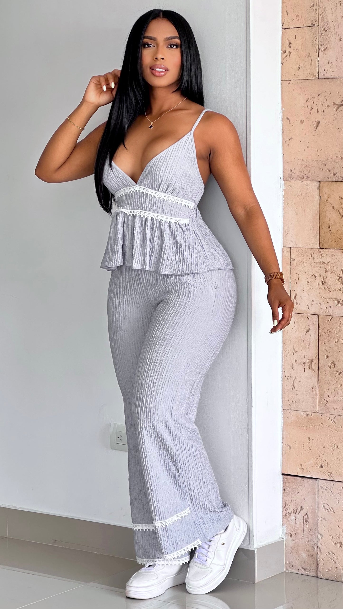 CONJUNTO BLUSA TIRAS GUIPIUR ACANALADA STRETCH - 37027