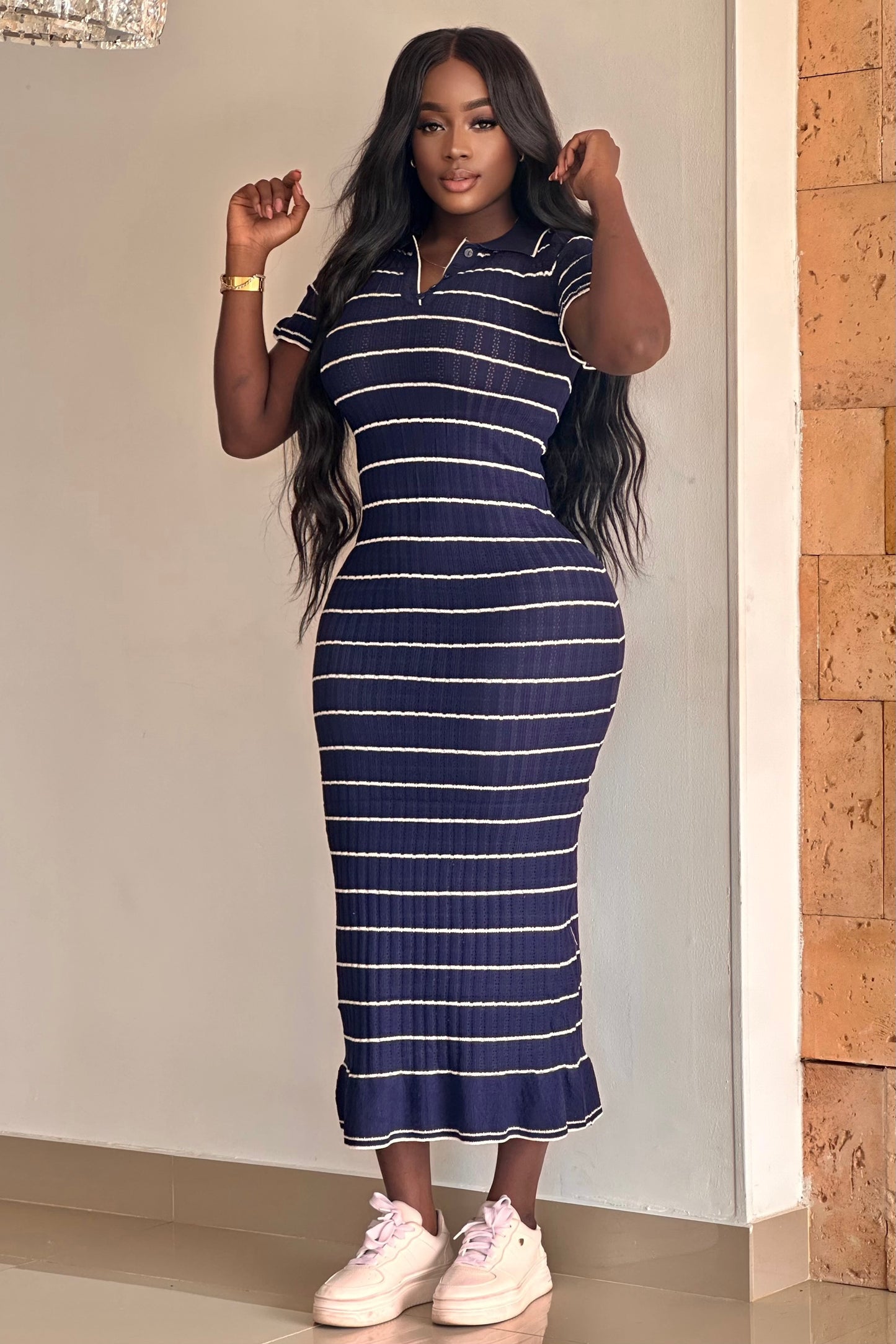 VESTIDO EN HILO CON CUELLO TIPO POLO A RAYAS - 12526