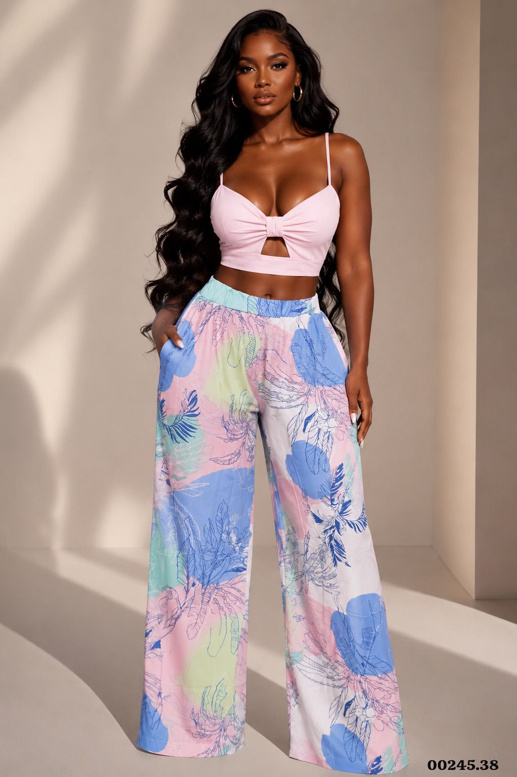 CONJUNTO PANTALON FLORES BLUSA UNICOLOR - 00245
