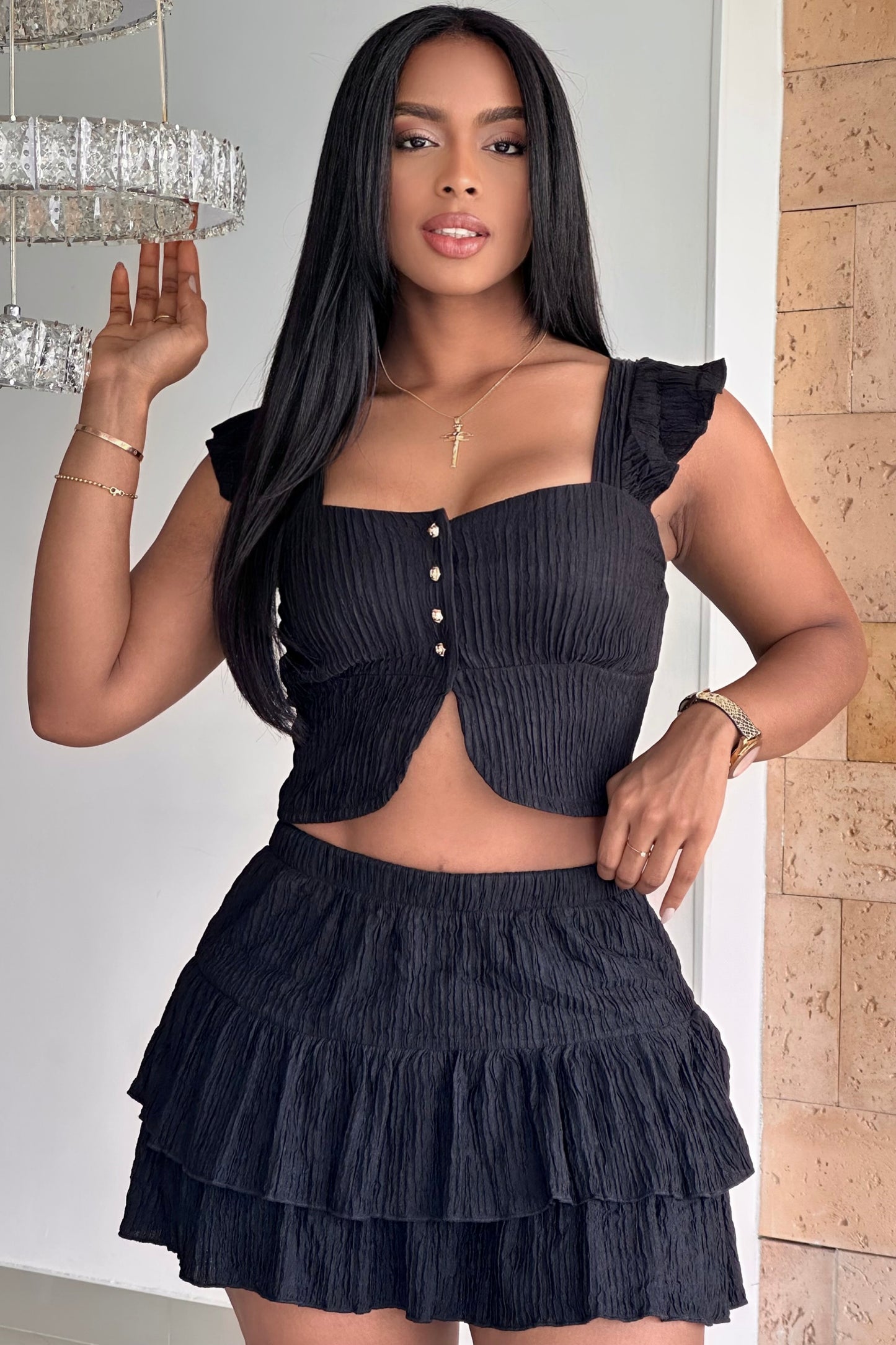 CONJUNTO FALDA SHORT ACANALADO BLUSA BOLERO - 36562