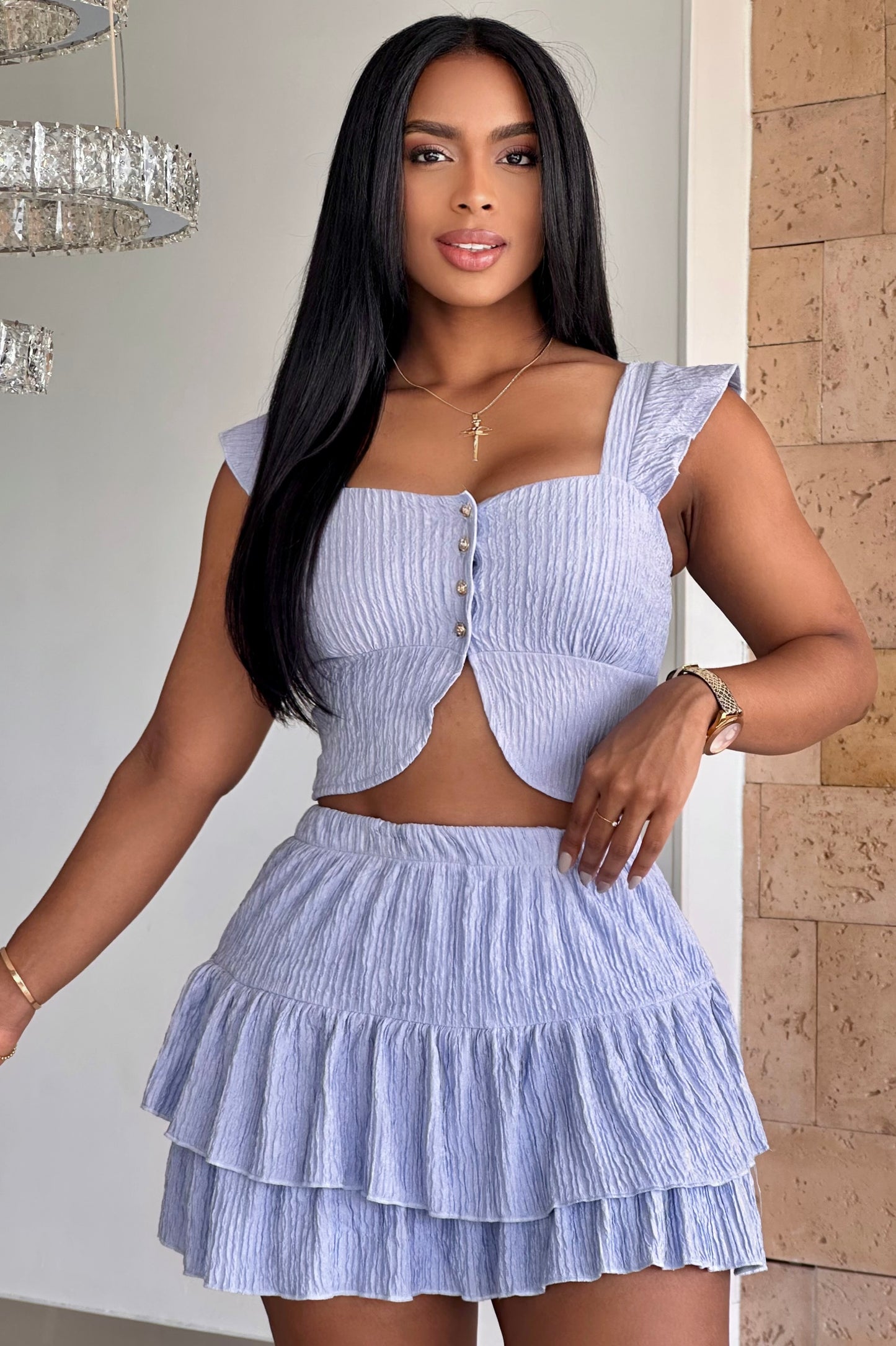 CONJUNTO FALDA SHORT ACANALADO BLUSA BOLERO - 36562