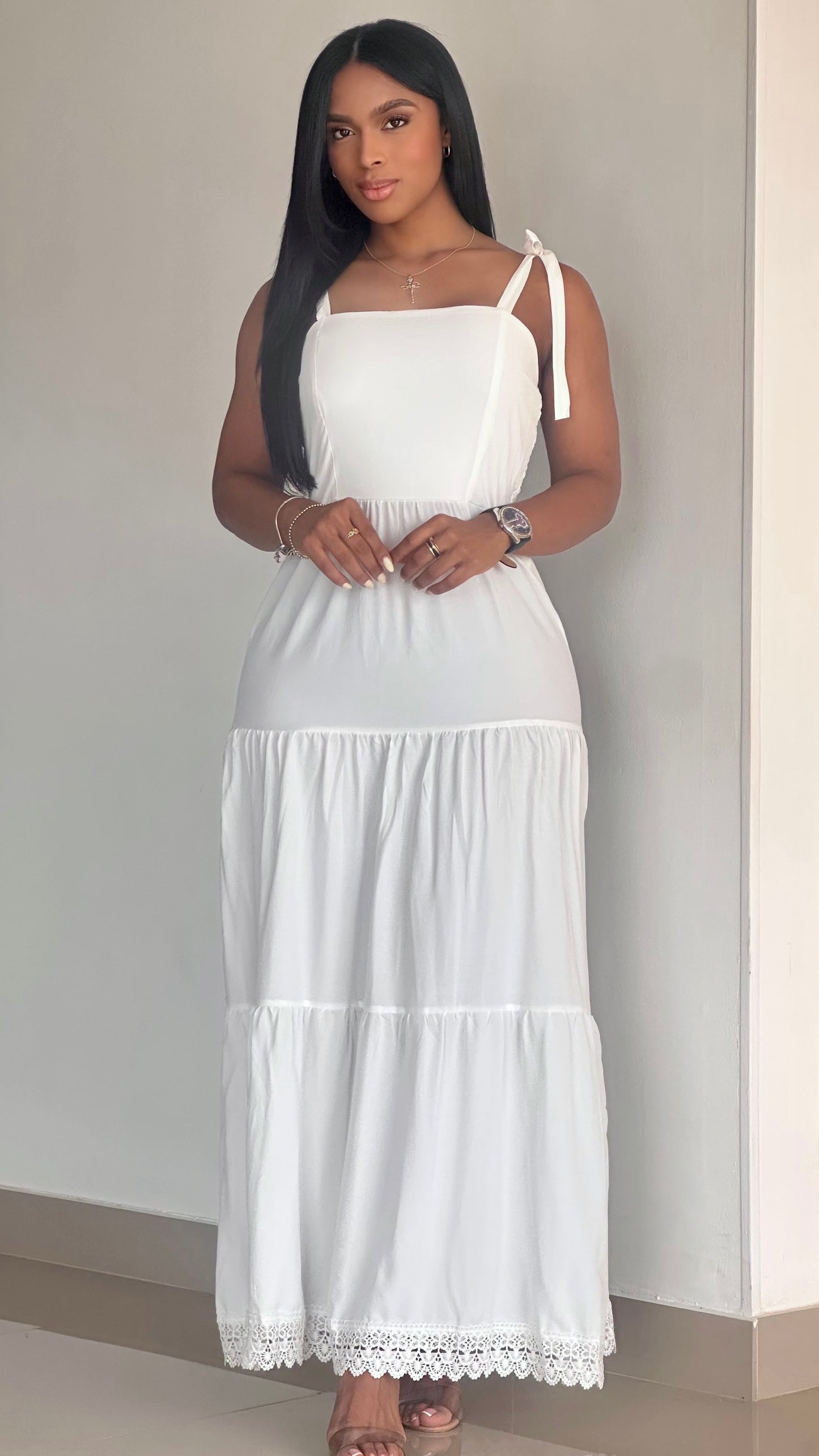 VESTIDO DE AMARRAR GUIPIUR Y TIRA DE AMARRAR EN HOMBRO - 41254