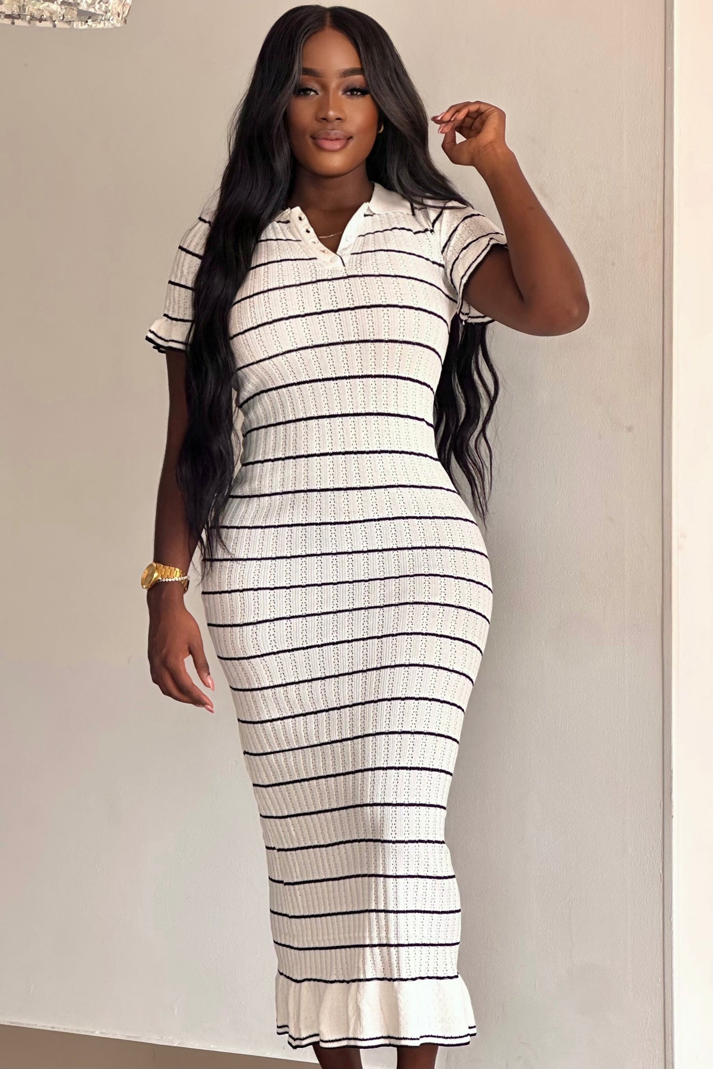 VESTIDO EN HILO CON CUELLO TIPO POLO A RAYAS - 12526