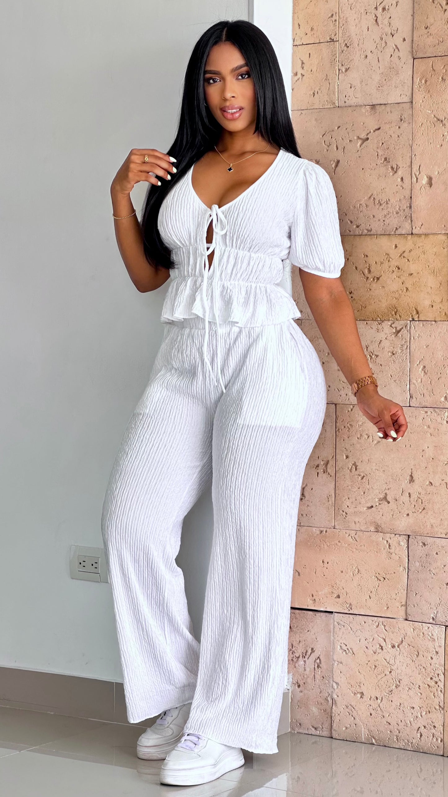 CONJUNTO BLUSA AMARRE MANGA ACANALADA STRETCH - 36531