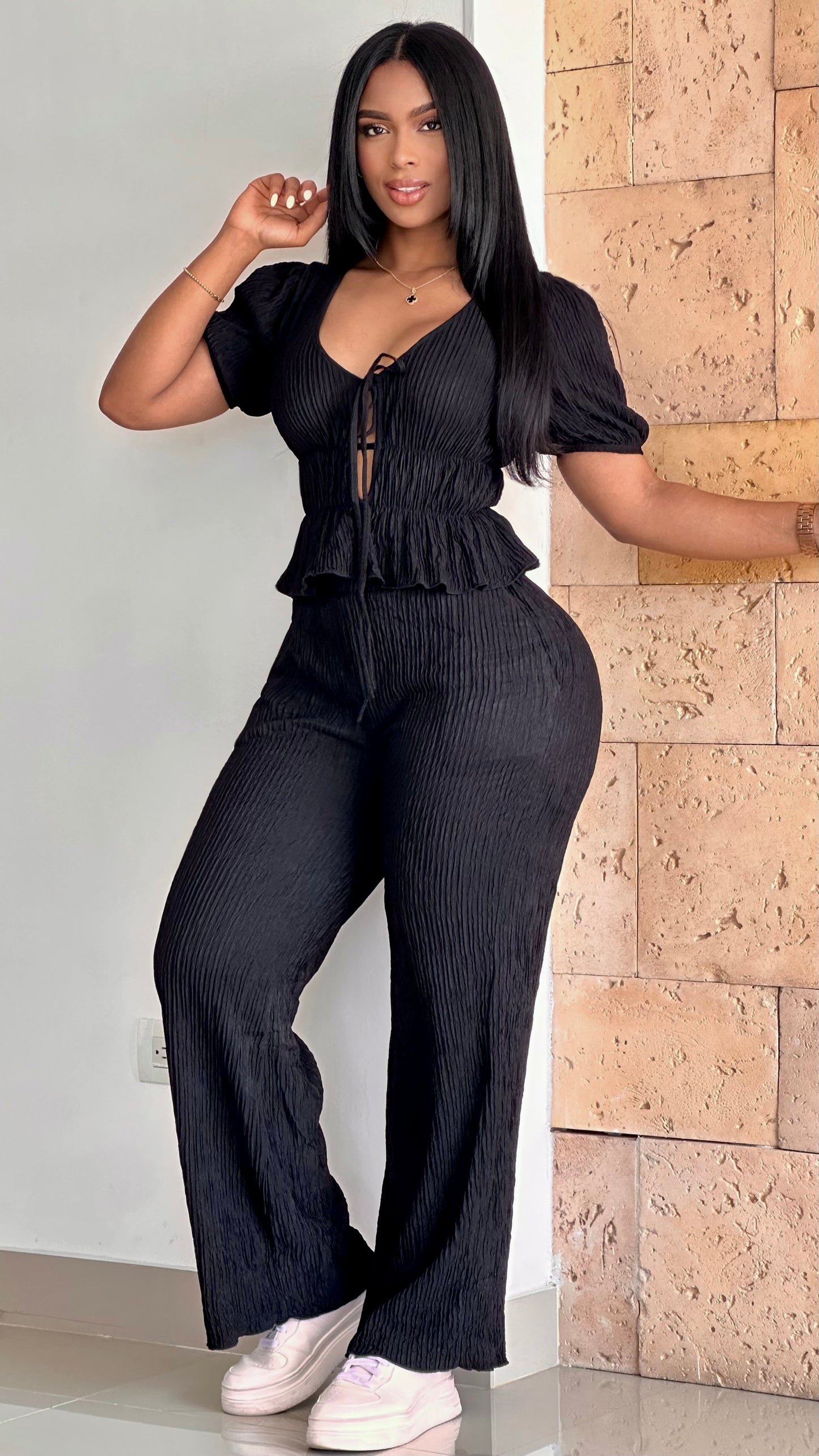 CONJUNTO BLUSA AMARRE MANGA ACANALADA STRETCH - 36531