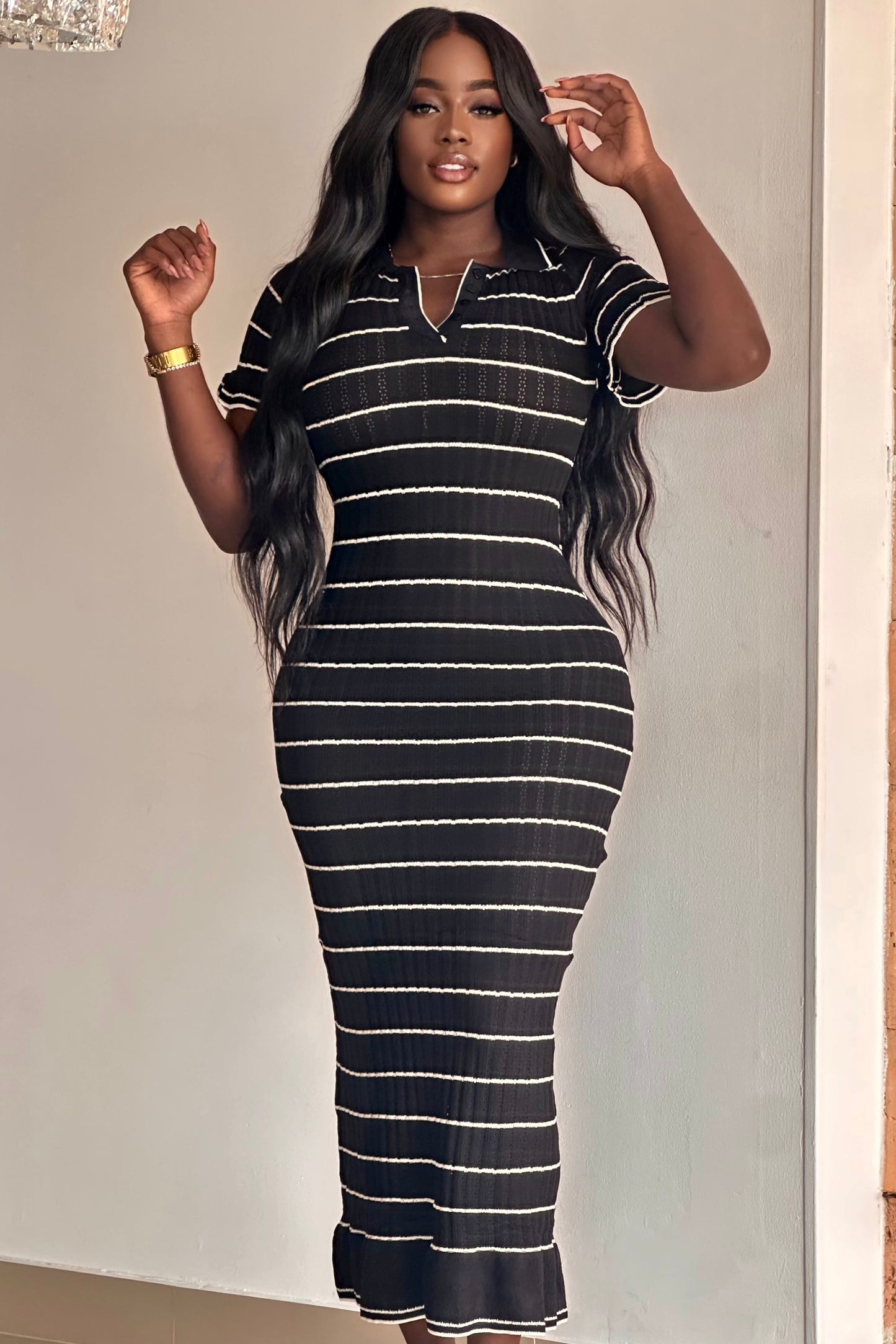 VESTIDO EN HILO CON CUELLO TIPO POLO A RAYAS - 12526