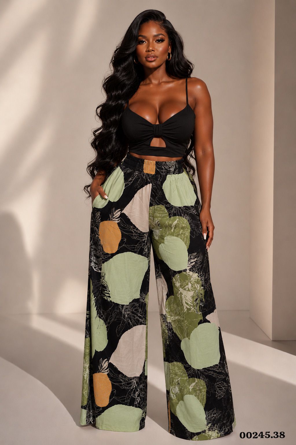 CONJUNTO PANTALON FLORES BLUSA UNICOLOR - 00245