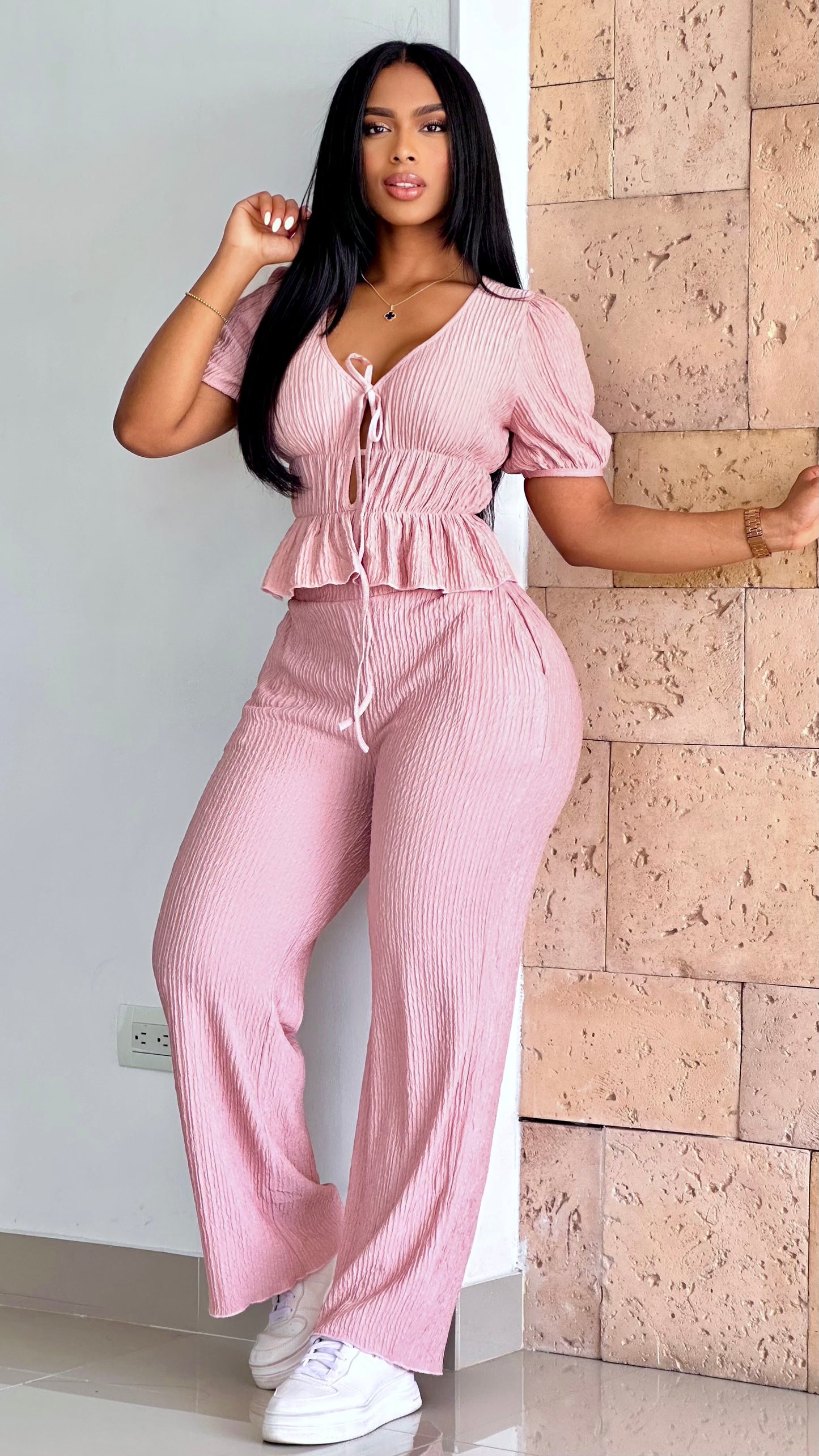 CONJUNTO BLUSA AMARRE MANGA ACANALADA STRETCH - 36531