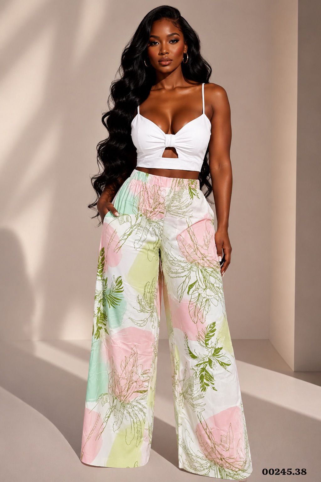 CONJUNTO PANTALON FLORES BLUSA UNICOLOR - 00245