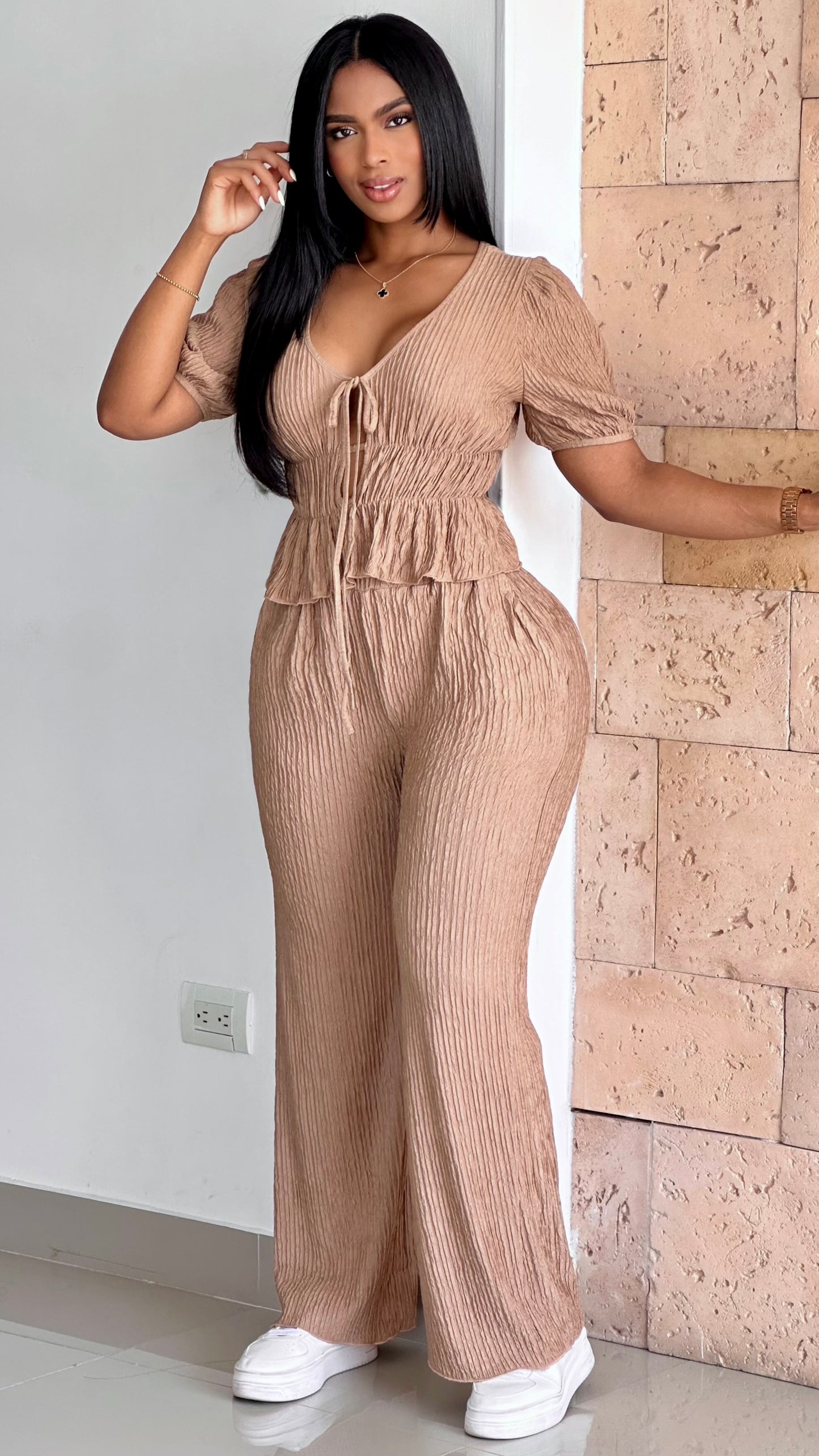 CONJUNTO BLUSA AMARRE MANGA ACANALADA STRETCH - 36531