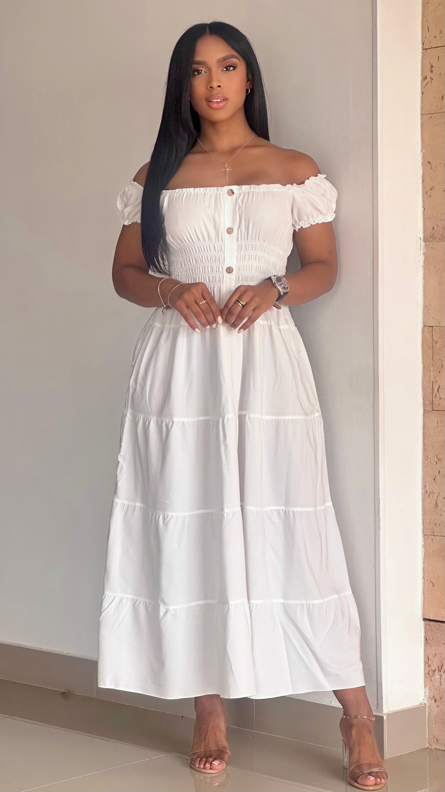 VESTIDO CHALIS TIPO CAMPESINO ENRESORTADO CON BOTONES DE LUJO - 37003