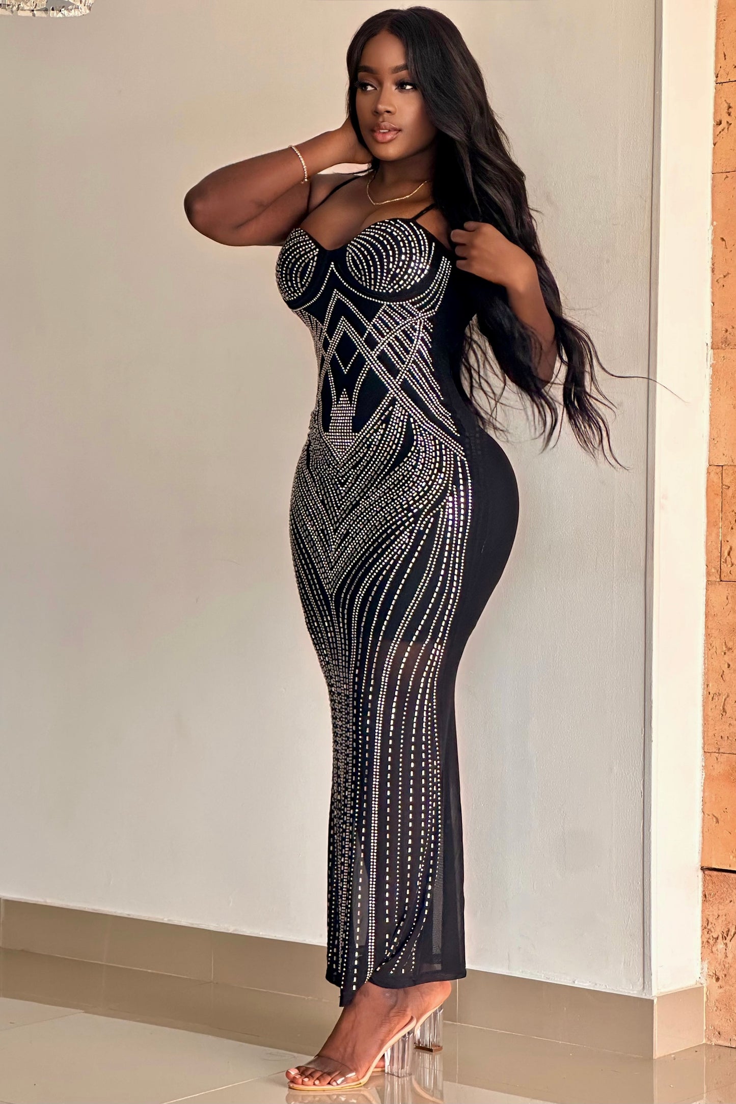 VESTIDO LARGO PEDRERIA EN MALLATEX - 00761