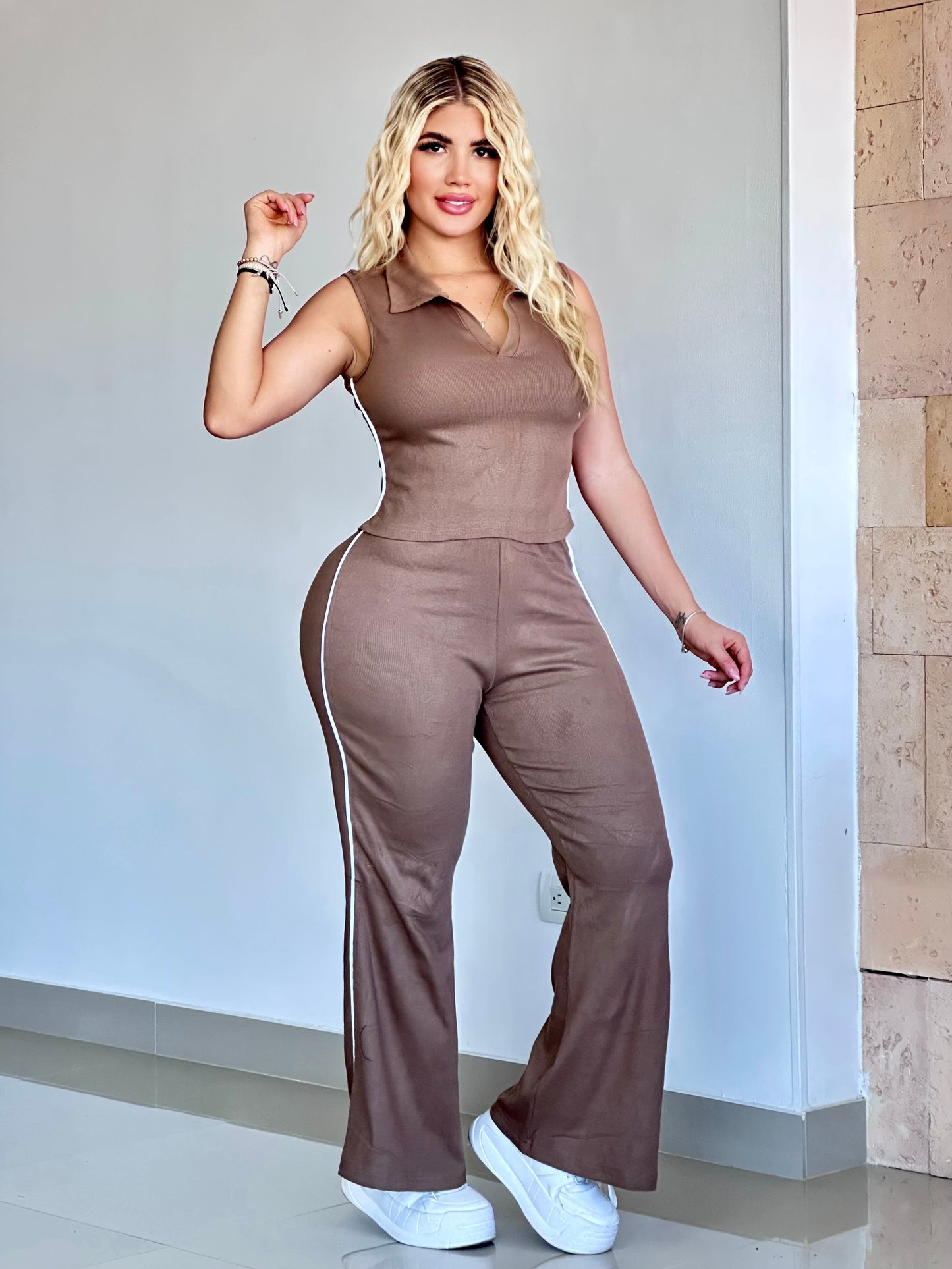 CONJUNTO LARGO BLUSA SIZA TIPO POLO RAYA LATERAL - 40325