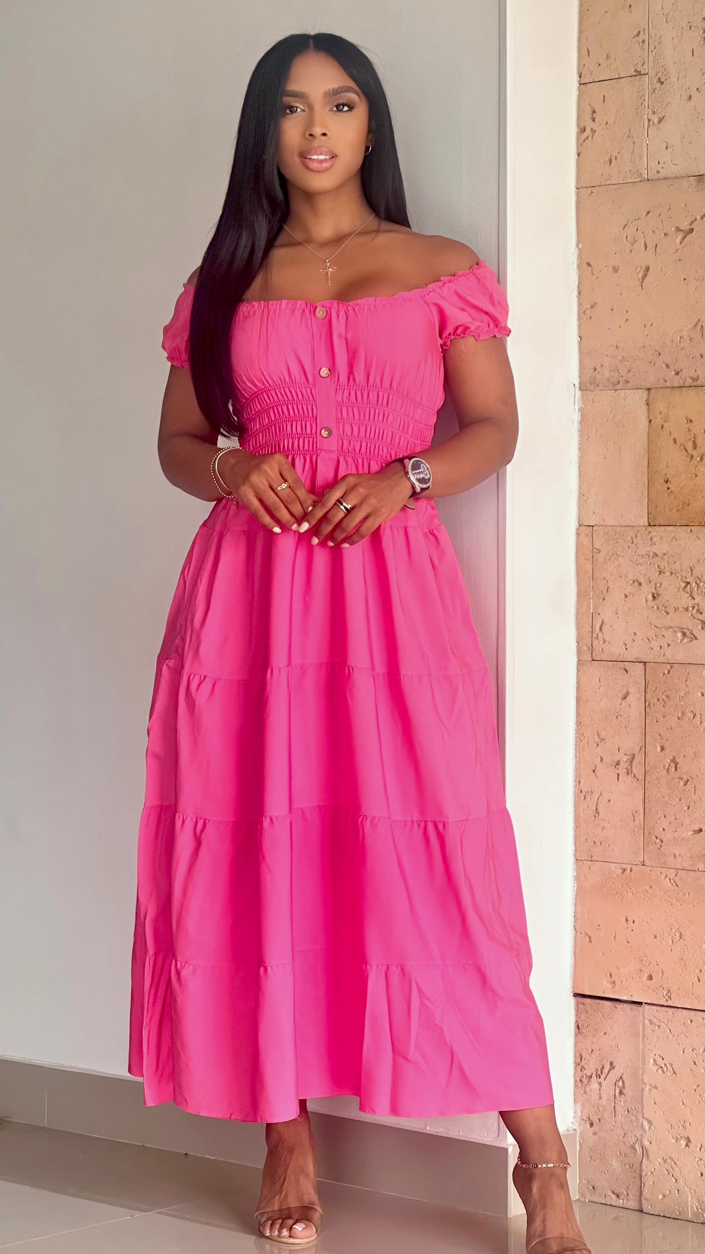 VESTIDO CHALIS TIPO CAMPESINO ENRESORTADO CON BOTONES DE LUJO - 37003