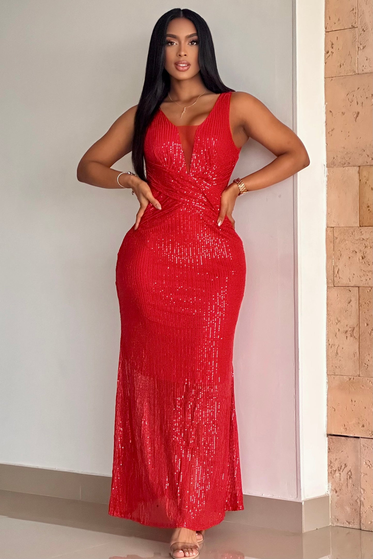 VESTIDO LARGO LENTEJUELA ESCOTE EN V - 23836