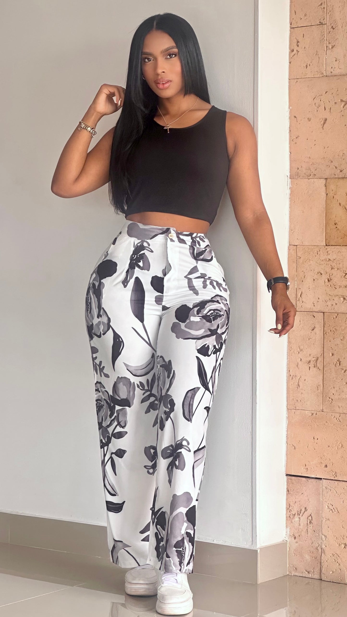 CONJUNTO FLORES BLUSA EN ENERGICA STRECH Y PANTALON EN CHALIS - 40899