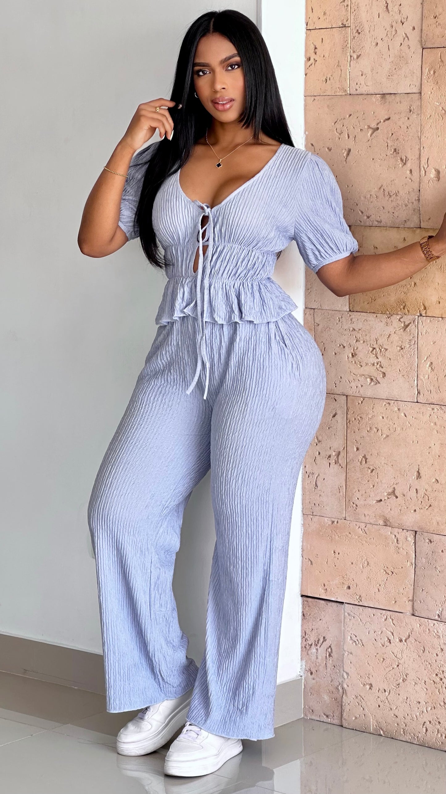 CONJUNTO BLUSA AMARRE MANGA ACANALADA STRETCH - 36531