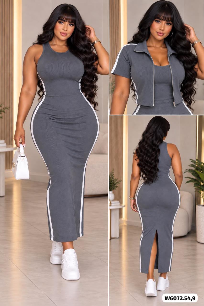 CONJUNTO VESTIDO MAS CHALECO CIERRE EN RIB - W6072