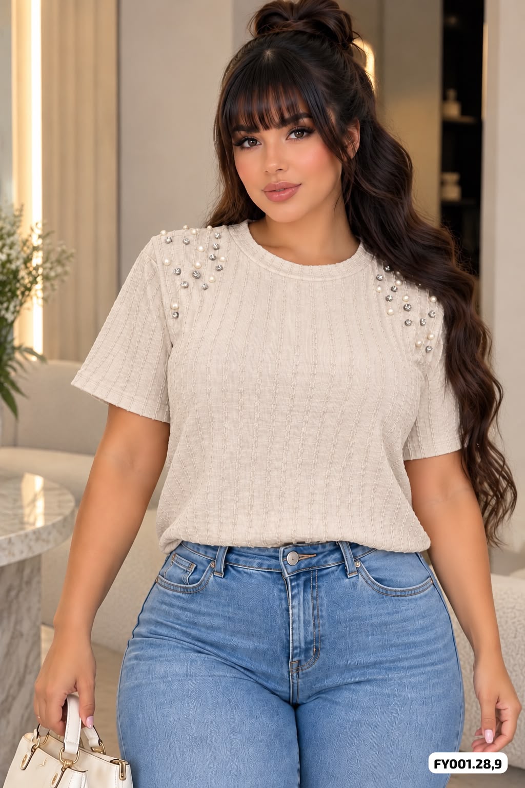 BLUSA CON PEDRERIA EN TELA DRAPEADO STRETCH  - FY001